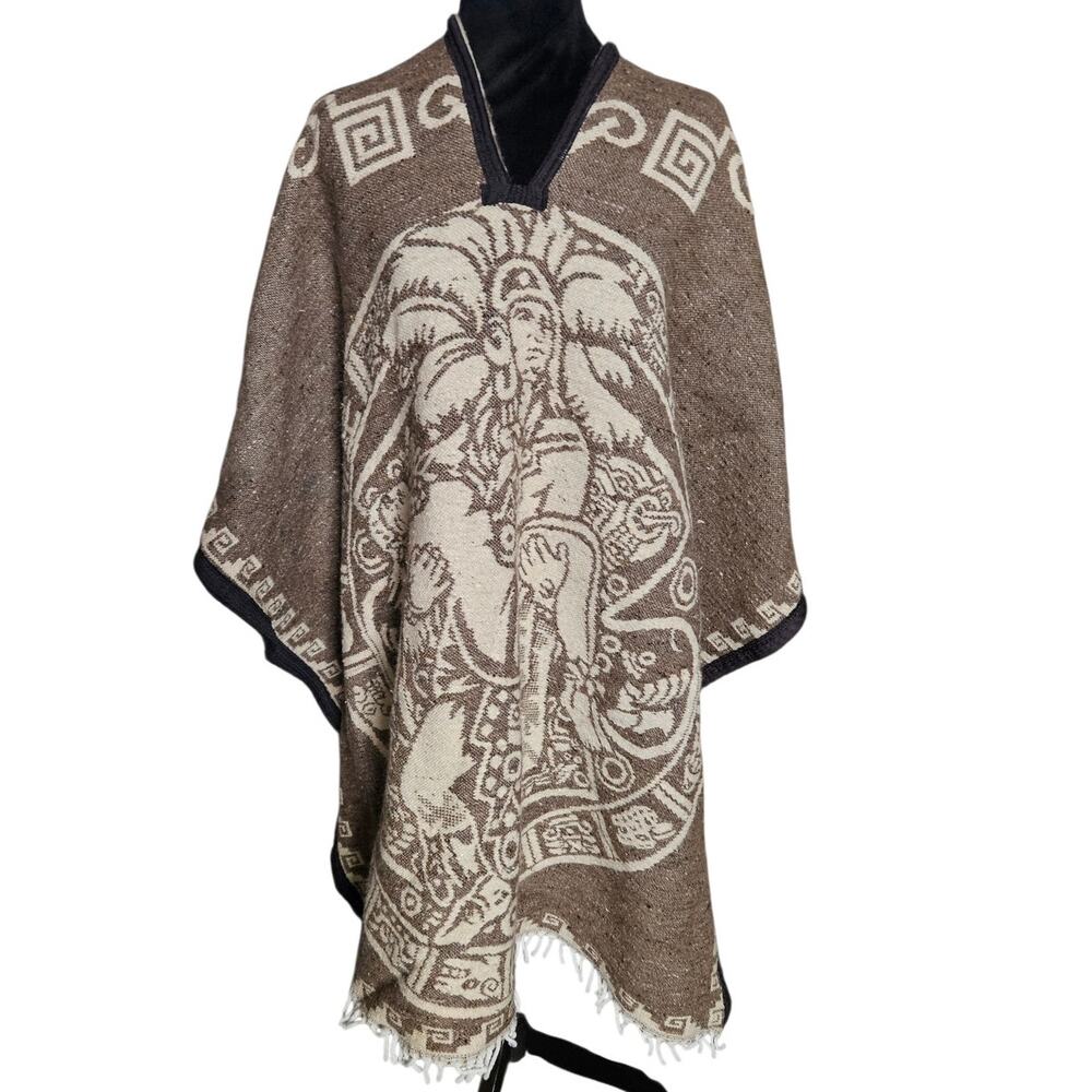 Vintage Mayan Aztec Poncho Reversible Mexican Warrior Calendar Fringe Mexico S/M